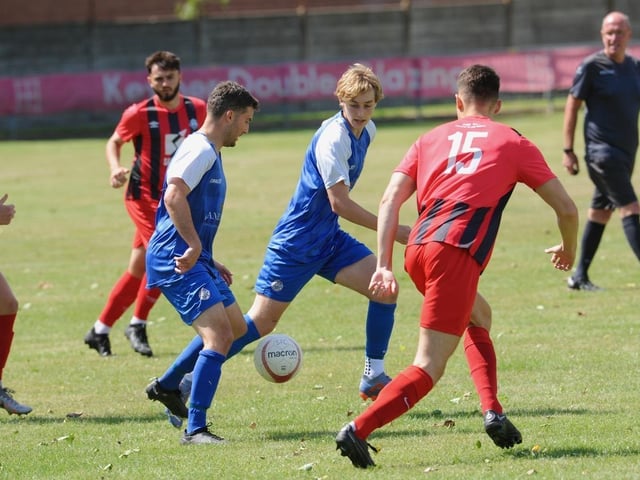 Action from a pre-season friendly between Shoreham and Worthing United at Middle Road