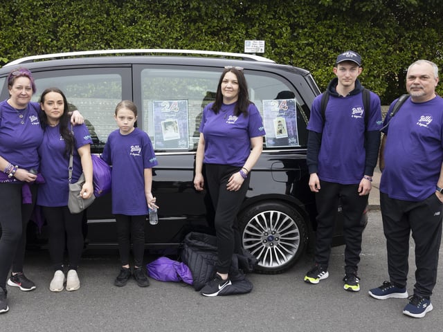 Billy and Beyond CIC founder Nicci Parish and family with the hearse provided by Ian Hart Funeral Service to help raise awareness