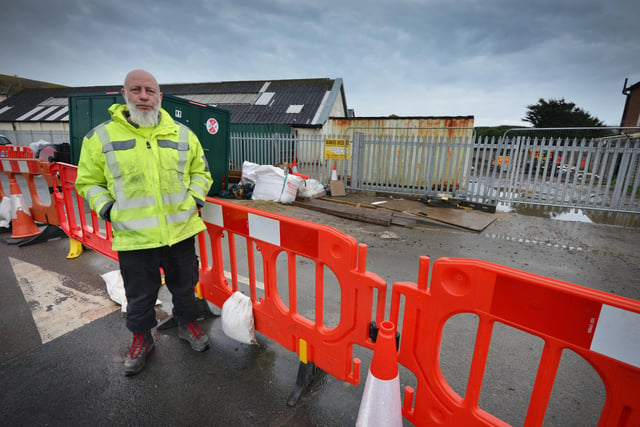 Deeday White Jr, owner of Skinners Sheds, pictured in front of his warehouse in Bulverhythe Road, St Leonards, on March 17 after it was flooded by sewage on February 3.
