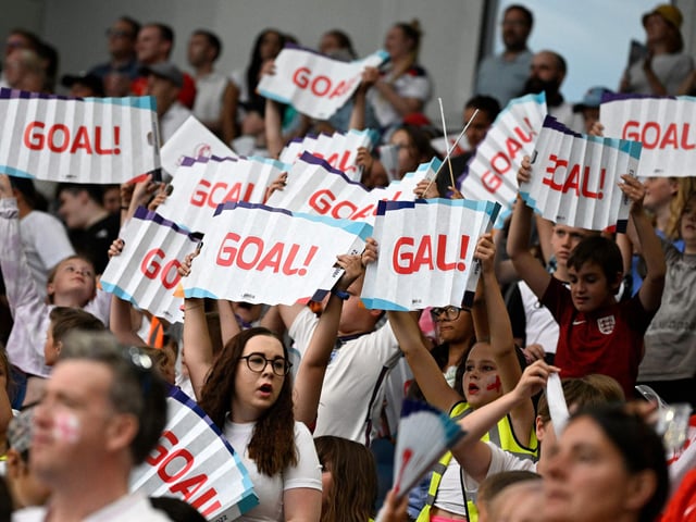 England fans celebrate during the match between England and Norway at Brighton and Hove Community Stadium in Brighton