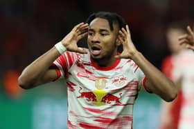 Christopher Nkunku of RB Leipzig reacts during the final match of the DFB Cup 2022 between SC Freiburg and RB Leipzig at Olympiastadion (Photo by Martin Rose/Getty Images)