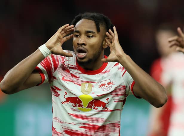 Christopher Nkunku of RB Leipzig reacts during the final match of the DFB Cup 2022 between SC Freiburg and RB Leipzig at Olympiastadion (Photo by Martin Rose/Getty Images)