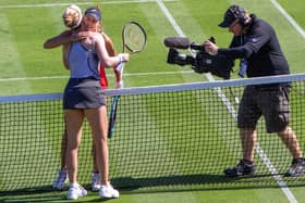 Barry Davis sent us this shot of  Magda Linette of Poland and Alison Riske of the US at the Eastbourne International women's tennis on Tuesday June 21. It was taken with a  Canon 100d