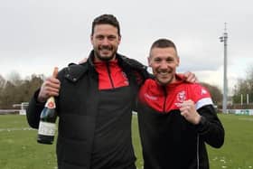 In happier times ... Gary Elphick and Jon Meeney after guiding Hastings United to the Isthmian south east title | Picture: Scott White