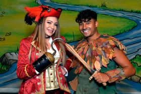 Rita (Hook) and Karim (Peter Pan), The Hawth, Peter Pan Pantomime Cast (Photo by Jon Rigby)