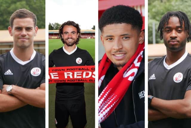 Crawley Town's new signings Dion Conroy, Dom Telford, Travis Johnson and James Balagizi