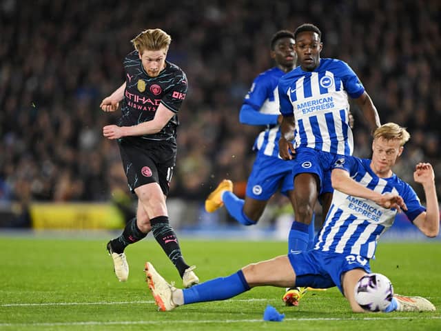 Brighton’s miserable end to the Premier League season continued with a heavy defeat at the hands of title-chasing Manchester City. (Photo by Mike Hewitt/Getty Images)