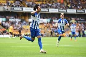 Kaoru Mitoma of Brighton & Hove Albion celebrates after scoring the team's first goal during the Premier League match at Wolves