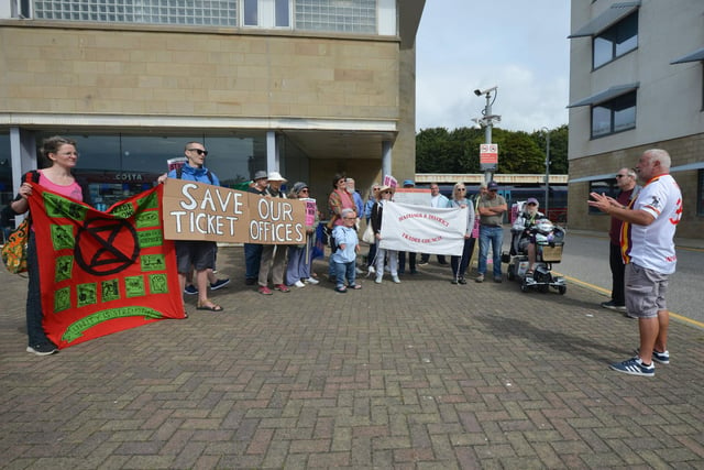 Save Our Ticket Offices rally outside Hastings Railway Station on July 22 2023. The rally was organised by Hastings & District Trades Union Council.