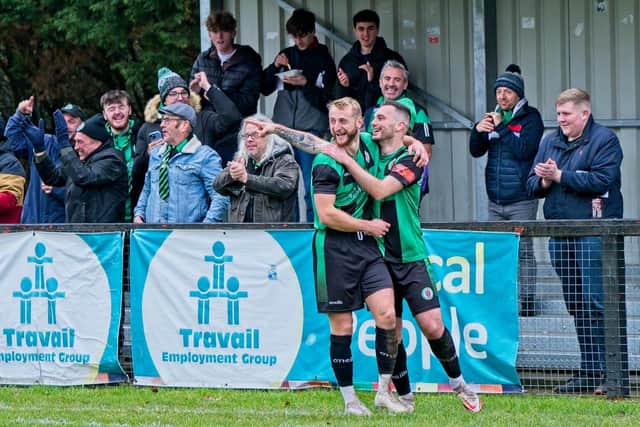 Burgess Hill Town celebrate their opener v Sittingbourne | Picture: Chris Neal