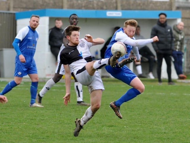 Action from Shoreham's 1-0 win over East Preston at Middle Road in division one of the SCFL