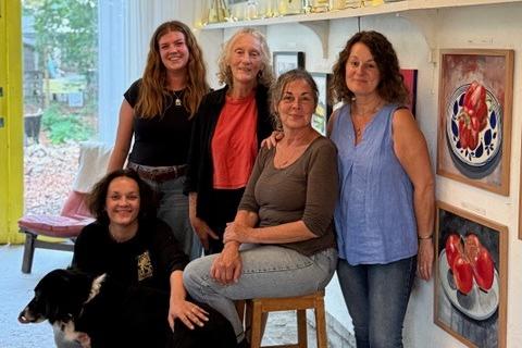 The five artists exhibiting their paintings at Starnash Farmhouse Studio in Upper Dicker (Venue 54 of the Artwave Rural Trail). From left to right: Rose Radtke, Ella Hamilton Savory, Nicky Kinghorn, Vicky Radtke (seated) & Tracey Hunter Dale (plus Vera, our four legged art critic, next to Rose!). Exhibition open each weekend of Artwave 11am - 5pm.