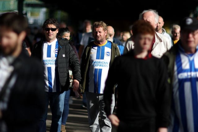 BRIGHTON, ENGLAND - OCTOBER 29: Brighton & Hove Albion fans arrive at the stadium prior to the Premier League match between Brighton & Hove Albion and Chelsea FC at American Express Community Stadium on October 29, 2022 in Brighton, England. (Photo by Alex Pantling/Getty Images)