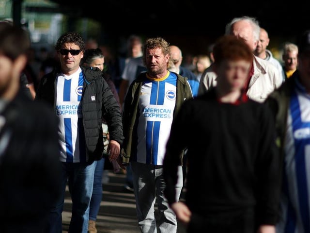 BRIGHTON, ENGLAND - OCTOBER 29: Brighton & Hove Albion fans arrive at the stadium prior to the Premier League match between Brighton & Hove Albion and Chelsea FC at American Express Community Stadium on October 29, 2022 in Brighton, England. (Photo by Alex Pantling/Getty Images)
