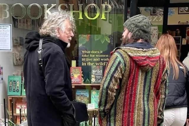 Robert Plant outside Hastings bookshop Hare and Hawthorn