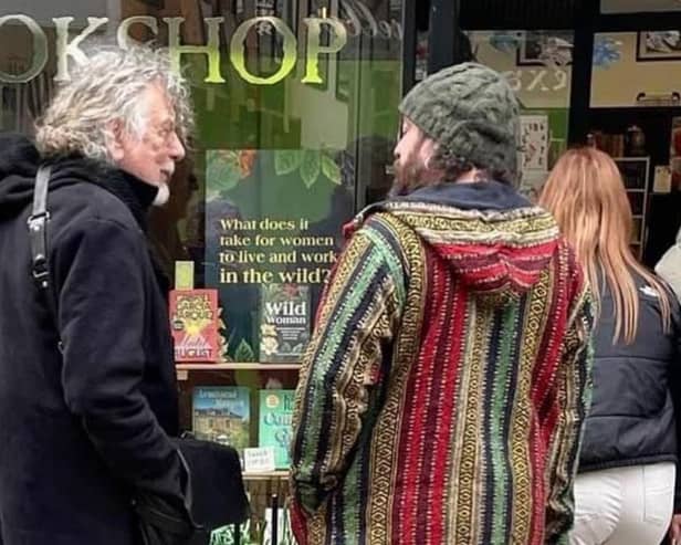 Robert Plant outside Hastings bookshop Hare and Hawthorn
