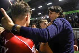Crawley Town manager Gabriele Cioffi celebrates with Josh Doherty after winning the penalty shoot out in Carabao Cup third round match between the Reds and Stoke City at The People's Pension Stadium on September 24, 2019. Picture by Bryn Lennon/Getty Images