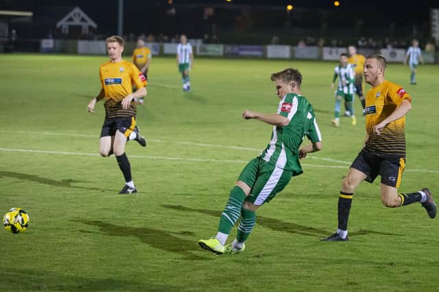 Ethan Prichard converts Chichester City's equaliser at Littlehampton on Tuesday night | Picture: Neil Holmes