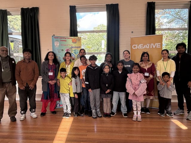 Children and adults came together in Crawley to discover the powerful rhythms of Parai, a traditional Tamil drumming art form, at a community workshop organised by Aurvi Collective