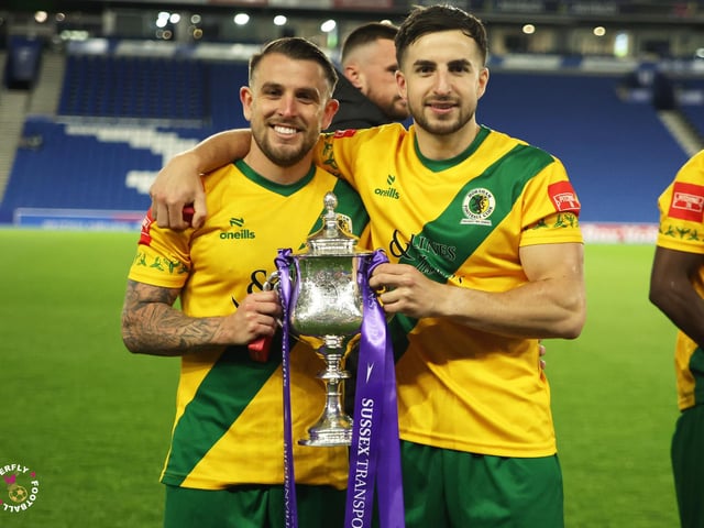 James Hammond’s majestic 95th minute free-kick clinched Horsham FC’s first league and Sussex Senior Cup double in the club’s history.