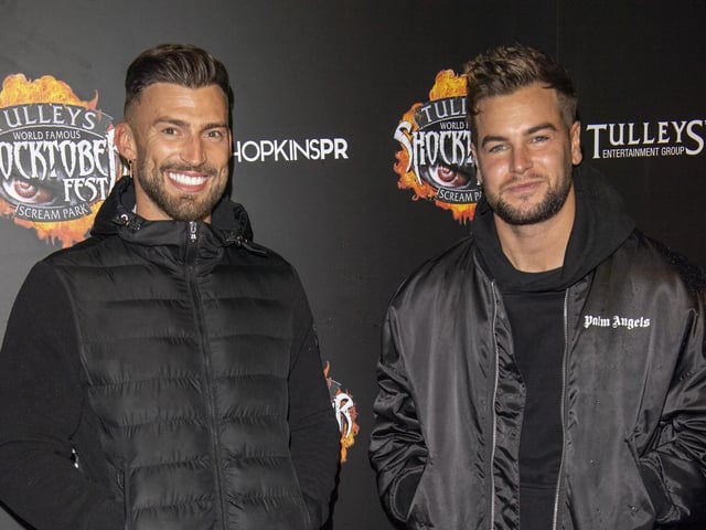 Chris Hughes (L) and Jake Quickenden (R) attend Tulleys Shocktober Fest at Tulleys Farm on September 30, 2022 in Crawley, England. (Photo by Stuart C. Wilson/Stuart Wilson/Getty Images for Tulleys Shocktober Fest):