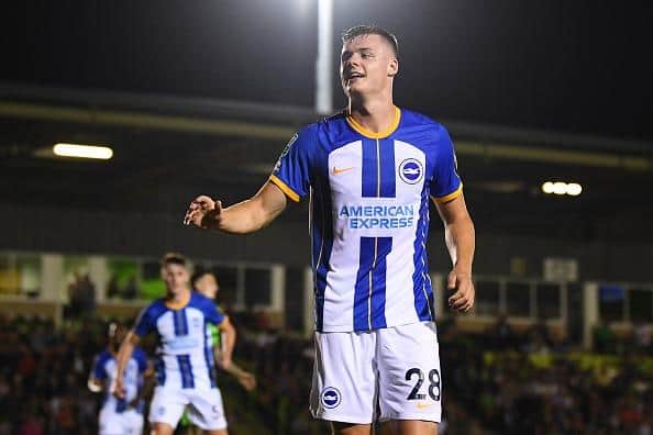 Evan Ferguson of Brighton & Hove Albion celebrates after scoring their team's third goal during the Carabao Cup Second Round match at Forest Green Rovers earlier this season