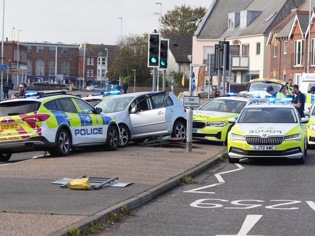 Multiple police cars were involved in an 11-mile pursuit of a vehicle in Sussex, which began in Brighton and ended in Worthing.