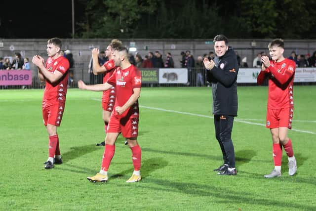Worthing players applaud their fans at Dulwich | Picture: Mike Gunn
