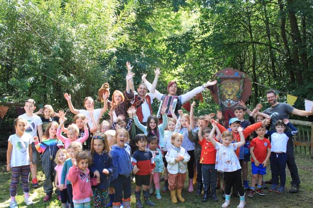 Storytelling with The Fabularium in Horsham's Leechpool Woods with Councillor Jon Olson.