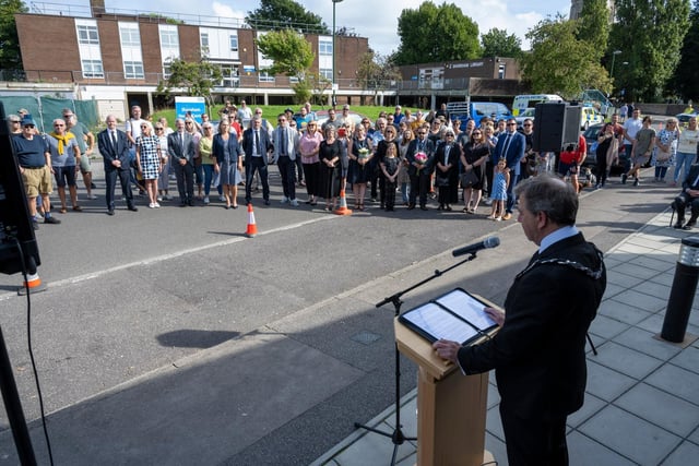 Adur District Council chairman, Andy McGregor, read the proclamation to a crowd outside the Shoreham Centre at 3.30pm. Photo: Adur & Worthing Councils