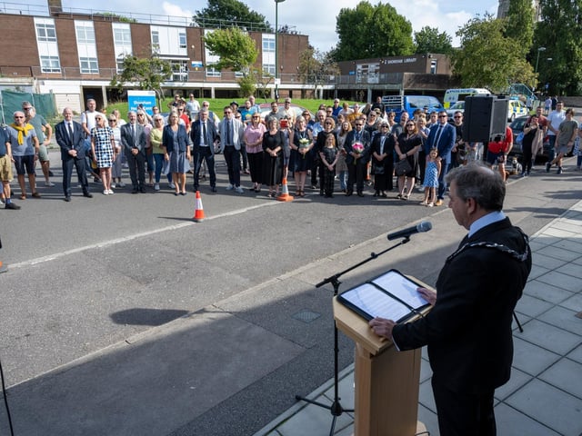 Adur District Council chairman, Andy McGregor, read the proclamation to a crowd outside the Shoreham Centre at 3.30pm. Photo: Adur & Worthing Councils