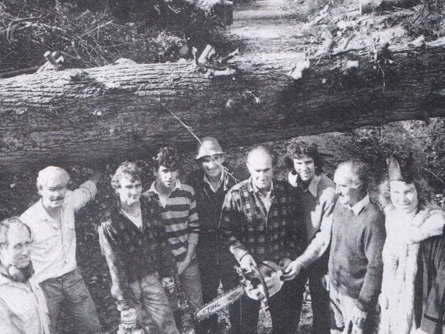 Dave Edwards,  Martin Galbraith (centre with chain saw), Barrie Galbraith (second from right), Mayor Martin Ingebretson (right)