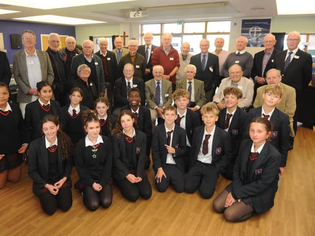 Headteacher Aidan Timmons, left, with Steyning Grammarians and current year-nine students in the boarding house