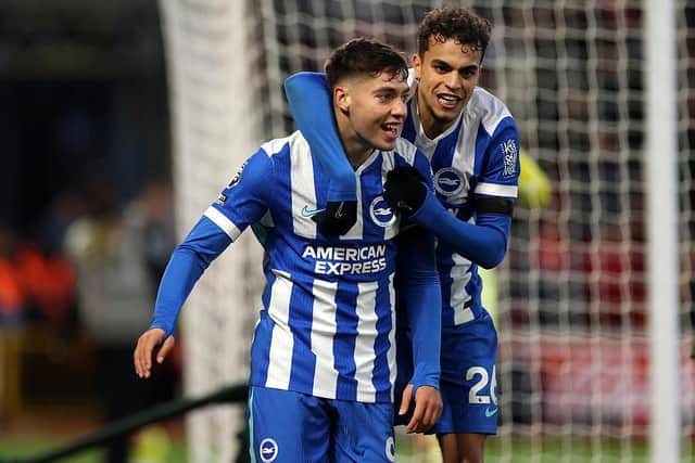 Stefanos Tzimas (left) suffered a serious-looking injury in the first-half against Aston Villa, whilst Brighton teammate Yasin Ayari (right) missed the match due to a muscle problem. (Photo by Carl Recine/Getty Images)