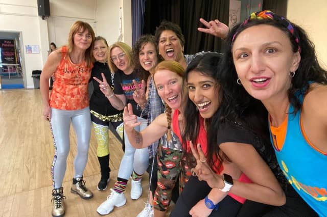 Jo Gibson, left, with all the instructors for the Dance for Dinners fundraising event