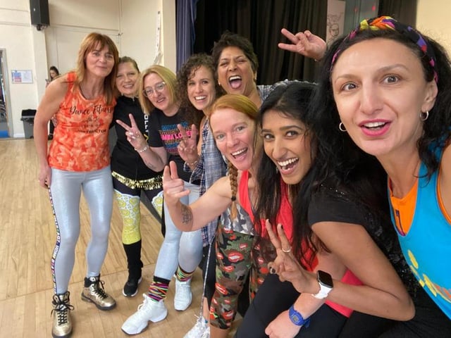 Jo Gibson, left, with all the instructors for the Dance for Dinners fundraising event