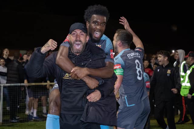 Three Bridges celebrate winning at Sittingbourne | Picture: Eva Gilbert