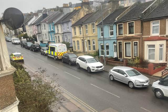 Police at the scene in Mount Pleasant Road, Hastings