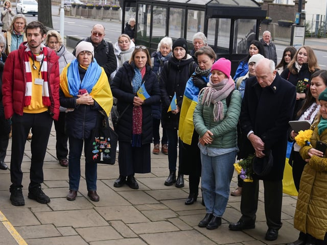 Dozens gathered outside Worthing Town Hall at 11am for a minute’s silence and prayer to mark one year since the Russian invasion of Ukraine began