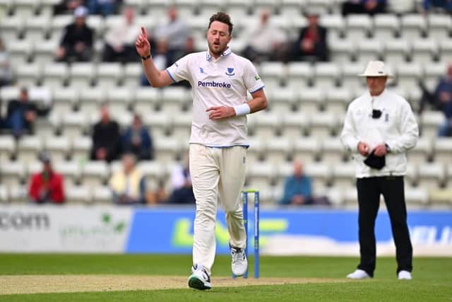Ollie Robinson of Sussex celebrates after taking the wicket of Joe Leach of Worcestershire during the LV= Insurance County Championship Division 2 match between Worcestershire and Sussex at New Road (Photo by Dan Mullan/Getty Images)