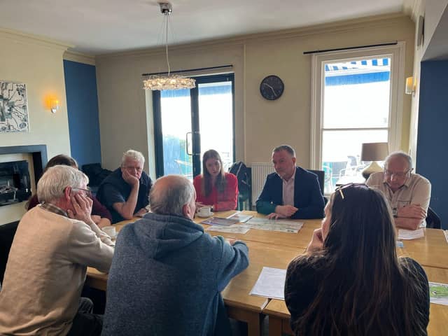 Steve Reed, Shadow Environment Secretary, with Helena Dollimore, Labour's parliamentary candidate for Hastings and Rye, meeting with residents at the White Rock Hotel
