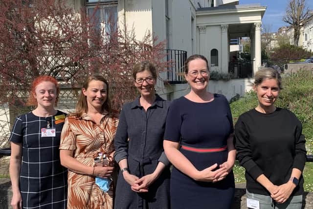 The maternal medicine team. Left to right: Jo Sinclair (Consultant Obstetrician); Heather Woods (Specialist Network Midwife); Sophia Stone (Lead Consultant for the Sussex Maternal Medicine Network); Carol Postlethwaite (Lead Consultant Obstetric Physician for the Sussex and Kent regions of the network); Kayleigh Cooper (Administrator for the Sussex Network)
