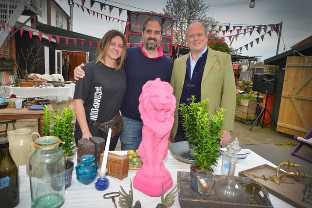 Arts, Antiques and Vintage Collectibles event at The Compound, Bexhill Road, St Leonards on April 6 2024.
L-R: Carol Cook, Director of W.Ave Arts; Simon Turner, organiser of the event, and James Braxton, well known antiques TV personality.