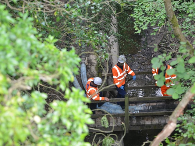Southern Water working at Old Roar Gill after a sewage discharge there.
