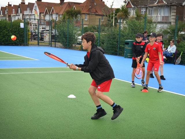 Culture Secretary Lucy Frazer marks the refurbishment of 1,000 public tennis courts. Photocall on June 29 at the tennis courts on Royal Parade, Eastbourne, with children from Bourne Primary School and Scott Lloyd, CEO Lawn Tennis Association.