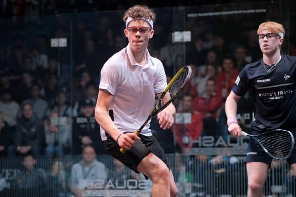 Jonah Bryant (centre) facing Finnlay Withington (right) in last year's competition | Picture: England Squash
