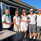 Herstmonceux Bowls Club team winners of the Horam Annual Open Triples competition. (Trophy presented by Claire Waterhouse of sponsors, Heathfield Funeral Services