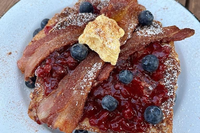 Hove Food Trail at Fika  - 'Trail Toast and Coffee Pit Stop - Brioche French toast, with cardamom butter, lingonberry jam, blueberry, streaked smoked bacon, cinnamon sugar and toasted almond, priced with an iced/hot drink of choice.