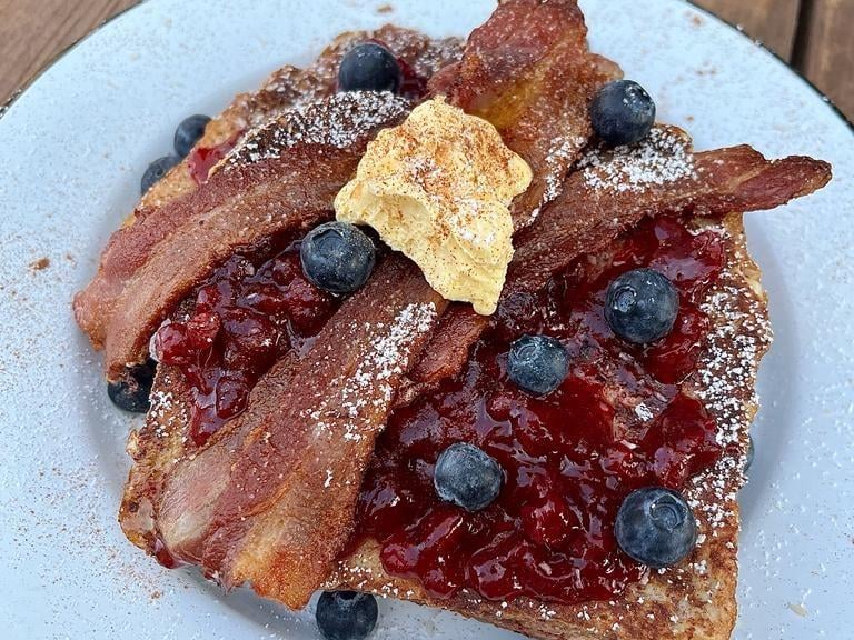 Hove Food Trail at Fika - 'Trail Toast and Coffee Pit Stop - Brioche French toast, with cardamom butter, lingonberry jam, blueberry, streaked smoked bacon, cinnamon sugar and toasted almond, priced with an iced/hot drink of choice.