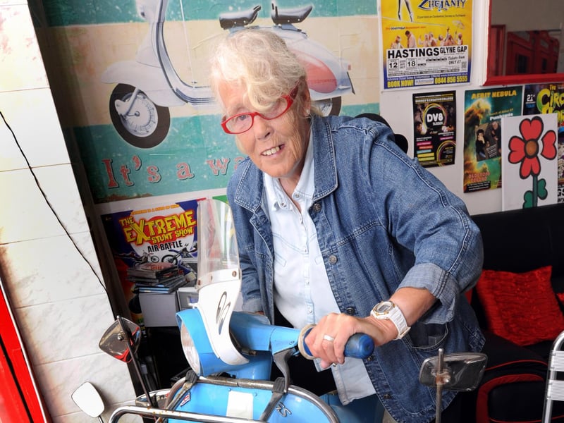 Patricia Fisher on a scooter inside Gizmo Caffe, St Leonards. Pic taken in 2016